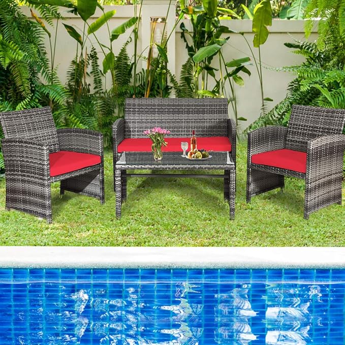 HAPPYGRILL 4pcs Patio Converstation Set with Soft Cushions Rattan Furniture Set with PE Wicker Coffee Table & Sofa Chairs for Garden Poolside Porch Backyard
