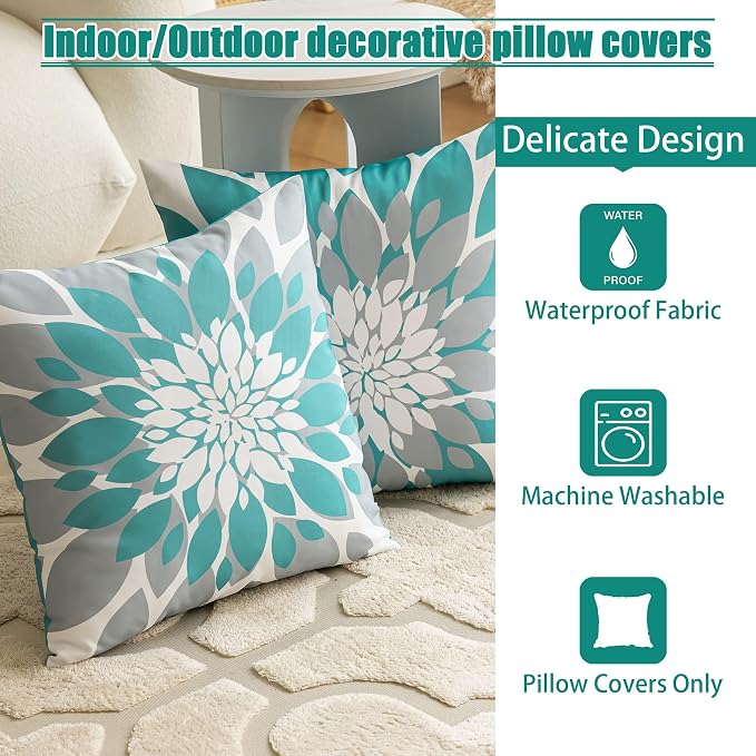 Pack of 4 Outdoor Waterproof Pillow Covers 18x18 Decorative Outdoor Throw Pillows Garden Square Cushion Cases for Patio Furniture, Couch, Tent Sunbrella, Bench, Teal Turquoise Grey