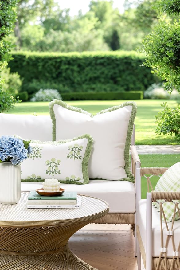 Hofdeco Premium Grandmillennial Coastal Hampton Patio Indoor Outdoor Throw Pillow Cover Only, 22"x22" Water Repellent for Backyard, Couch, Poolside, White Grass Green Solid