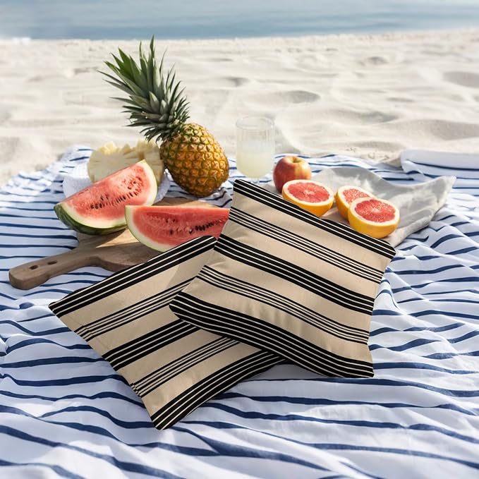 JasmineM Outdoor Pillow Cover Set of 2 Rustic Black Brown Stripes Waterproof Throw Pillow Covers Classic Parallel Lines Decorative Pillowcases Garden Cushion Case for Patio Couch Sofa 20x20 Inch
