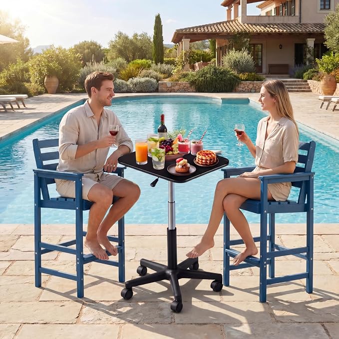 Nuanchu Pool Bar Poolside Table with Wheels 34-43 Inch Adjustable Height Black Outdoor Poolside Table Above Ground Pool Side Bar Towel Rack for Swimming Patio Accessories