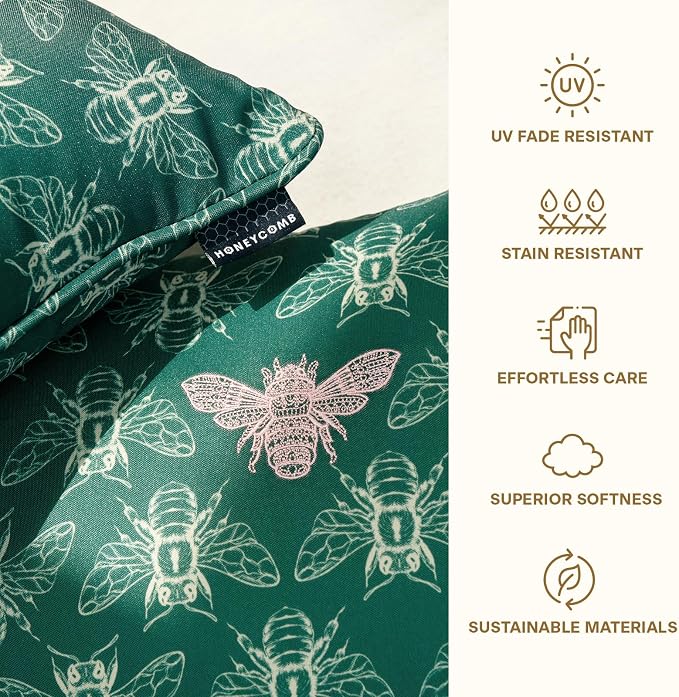 Honeycomb Indoor/Outdoor Lumbar Pillow for Patio Furniture, 20 x 12 | Royalty Green Embroidered Bumble Bee Throw Pillow, Water & Fade Resistant for Patio Furniture Set