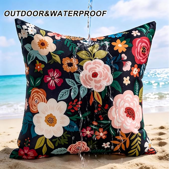Outdoor Waterproof Pillow Covers Decorative Black Floral Pillow Covers Summer Accent Square Couch Covers Garden Farmhouse Throw Cushion Cases 20x20 Inch Set of 2 for Patio Tent Balcony Bench Sofa