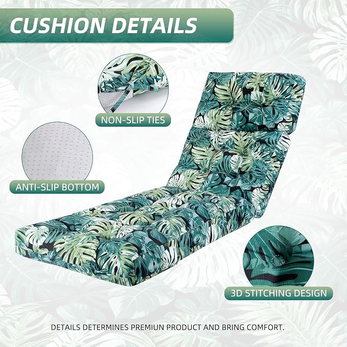 Patio Chaise Lounge Cushions, 70.5"x21"x4" Waterproof Replacement Beach Pool Lawn Outdoor Lounge Chair Cushion, Non-Slip Bottom & Secure Ties for Outdoor Furniture，Monstera, 1Count