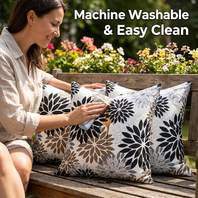 Outdoor Waterproof Throw Pillow Cases Pack of 2 Dahlia Flowers Throw Pillow Covers 18×18 Black and Brown Decorative Spring Summer Cushion Covers for Garden Patio Living Room Couch