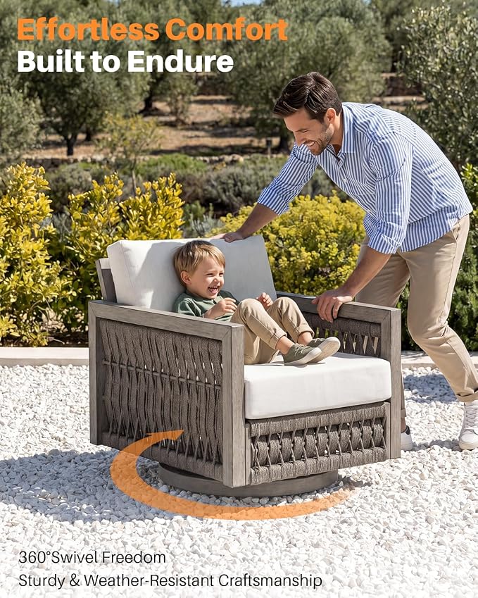Swivel Patio Chair, Never Rust Aluminum Outdoor Swivel Sofa Chair with Washable Cushions, Rope Weave Patio Sofa Armchair, Deep Seating Outdoor Club Chairs for Garden, Porch, Poolside, Gray Oak
