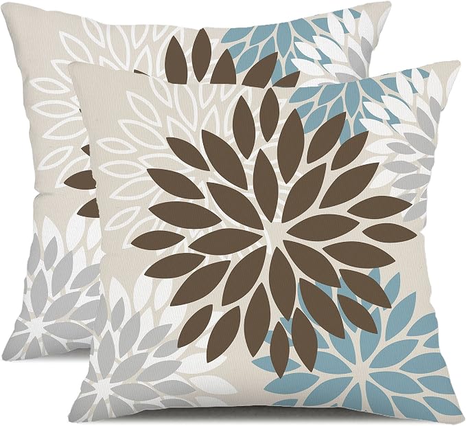 DFXSZ Outdoor Waterproof Pillow Covers 18x18 Set of 2 Brown Blue Flower | Spring Summer Waterproof Flower Throw Pillowcases（No Inserts）Outdoor Decor for Patio Funiture Garden Polyester Covers