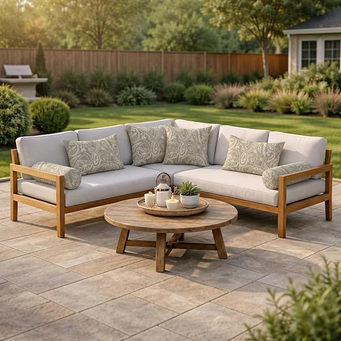 RSH DECOR Set of 6 Outdoor Pillow, Outdoor Pillows for Patio, Pillows w/Polyester Pillow Cases | Water & Fade Resistant Fabric | 17" Square, 20x12 Lumbar, 20x6 Neck Roll - Ayideal Fossil