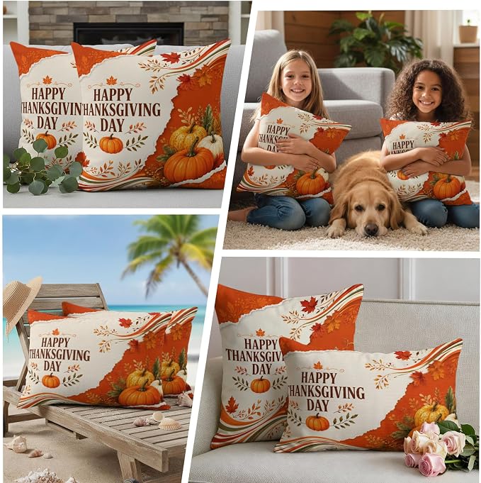 Fall Thanksgiving Waterproof Outdoor Pillow Covers 16''x16'' Set of 2, Maple Leaves Orange Pumpkins Patio Furniture Cushion Covers for Chairs, Decorative Farmhouse Pillow Cases for Garden/Pool/Beach