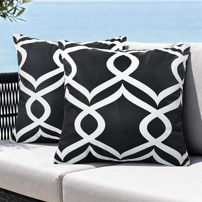 Geometric Outdoor Waterproof Throw Pillow Covers 18"x18" Set of 2 | Abstract Decorative Pillow Cover, Boho Square Cushion Cases for Garden Patio Tent Balcony Bench Couch Sofa, Black & White