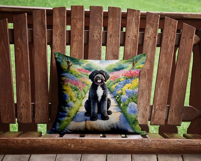 Caroline's Treasures Portuguese Water Dog Spring Path Throw Pillow Machine Washable, Indoor Outdoor Decorative Pillow for Couch, Bed or Patio, 14Hx14W