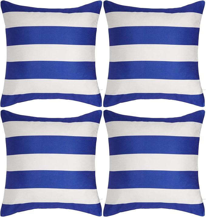 tiggell 4 Pack Waterproof Pillow Covers Outdoor Throw Pillowcases Decorative Garden Cushion Case for Home Garden Patio Couch Balcony Striped (18 * 18 inch, Blue & White)