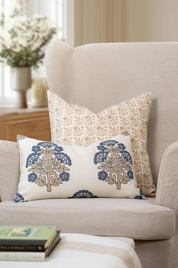 California Casual Coastal Indoor Outdoor Throw Pillow Cover, 20"x20" Water Repellent for Patio, Backyard, Couch, Poolside, Earth Tone Ivory Cream Tan Print Floral and Leaves Geometric