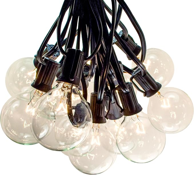 G50 Clear 2 Inch Light Bulbs with C7 Stringer 18 Gauge (Black Wire, 25')