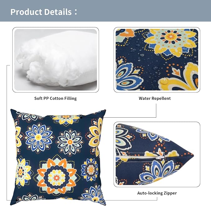 Outdoor Pillows with Insert 18x18 Inch, Waterproof Throw Pillow for Patio Furniture, Decorative Back Cushion for Garden Home Sofa Office Chair, Set of 2, Bloom Medallion‌Cobalt