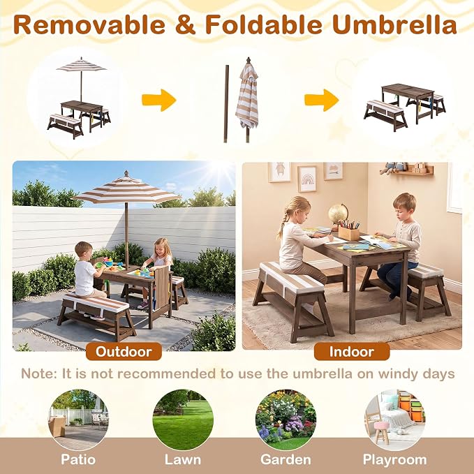 HONEY JOY Kids Picnic Table, 4 in 1 Fir Wood Toddler Sand & Water Table w/Removable Box & Umbrella, Waterproof Cover, Garden Tools, Children Outdoor Table and Bench Set with Cushions (Coffee)
