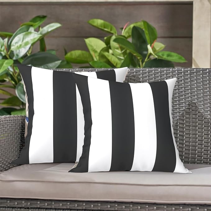 LVTXIII Outdoor Throw Pillows, Decorative Throw Pillows with Inserts, 16"x16" Square Pillows for Bed, Couch, Sofa and Patio Furniture, Set of 2, Cabana Black