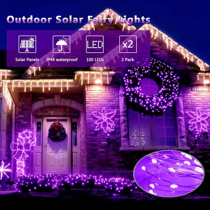 JMEXSUSS 4 Pack Solar Halloween Lights, 33FT 100 LED Purple Fairy Lights | Outdoor Waterproof, 8 Modes Solar String Lights for Outside Tree Party Patio Garden Christmas Halloween Decorations
