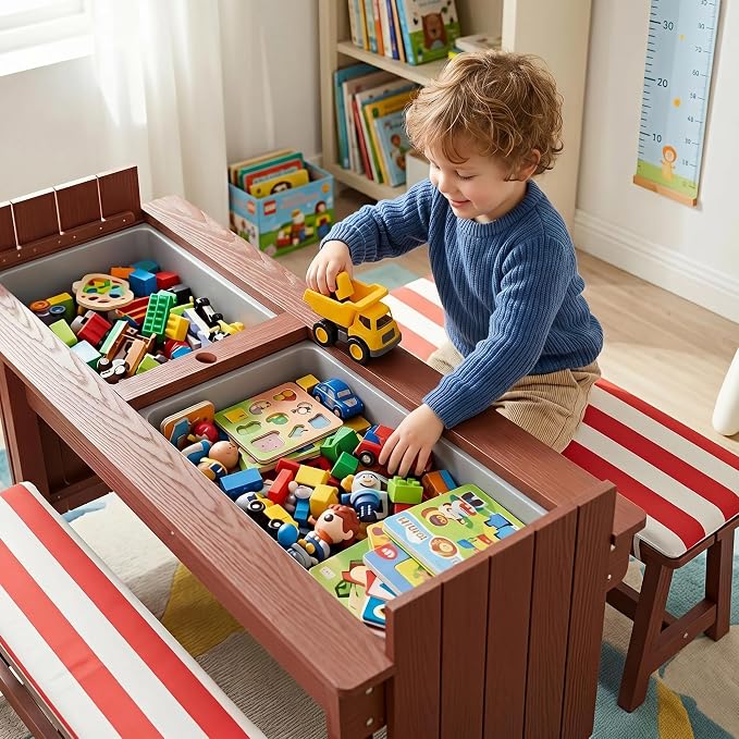 BRINJOY Kids Picnic Table with Umbrella, Outdoor Wooden Table & Bench Set w/Cushions & 2 Removable Boxes, 4-in-1 Children Sand and Water Table Activities Furniture for Patio, Garden, Indoor Outdoor