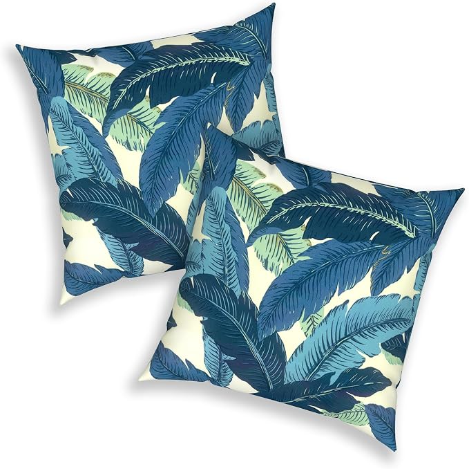Pack of 2 Patio Throw Pillow Covers ONLY, Water Repellent Cushion Cases 20x20 Inch, Square Pillowcases for Outdoor Couch Decoration, Swaying Palms Blue