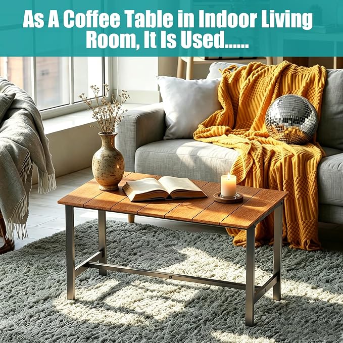 Outdoor Coffee Table, 33.4"L x 17.3"W x 18.1"H Rectangle Weather-Resistant Patio Coffee Table, Metal Heavy-Duty Frame Coffee Side Table, Waterproof for Garden, Porch, Balcony, Deck, Poolside, Brown