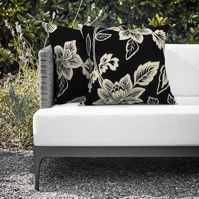 Outdoor 16x16 Inch Throw Pillows, Water Repellent Patio Pillows with Inners Set of 2 for Patio Furniture Home Graden, Elegant Vines Black