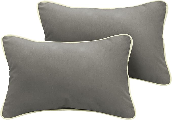 Sorra Home Indoor Outdoor Sunbrella Lumbar Pillows with Corded Edges, Set of 2, 12 x 18, Canvas Charcoal Grey & Canvas Natural Ivory