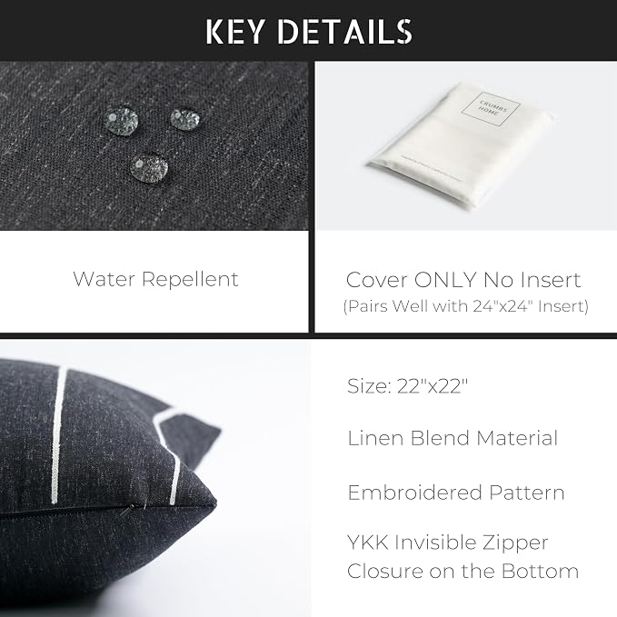 Modern Farmhouse Fall Linen Indoor Outdoor Throw Pillow Cover Only, 22"x22" Water Repellent for Patio, Backyard, Couch, Black Neutral Vertical Stripes