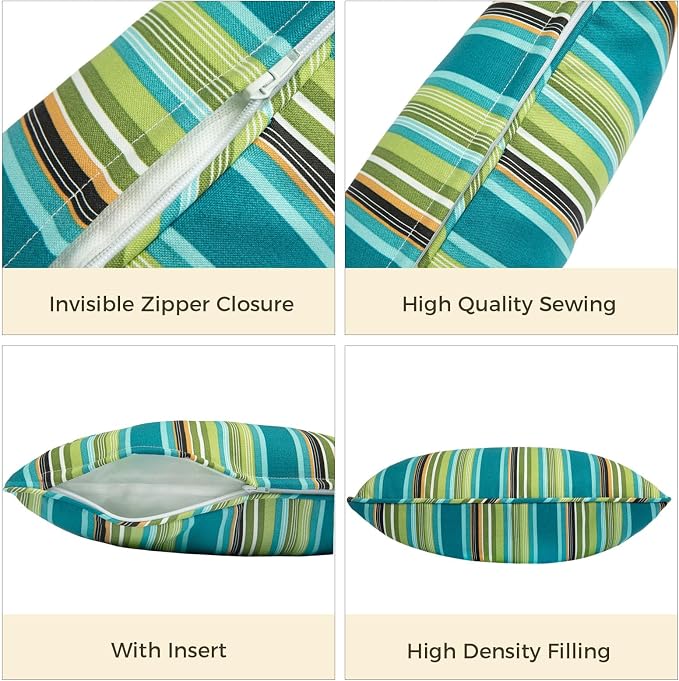 FUNHOME Outdoor Lumbar Pillows 12x20 inch,Decorative Throw Pillow Set of 2 with Insert,Water Resistant Headrests for Patio Furniture Sofa Couch Chair(Green Stripe)