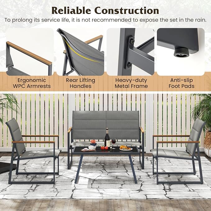 HAPPYGRILL 4-Piece Patio Furniture Set, Modern Sectional Sofa Set w/Fabric Seats, Wood-Plastic Armrests, Tempered Glass Coffee Table, Outdoor Conversation Set for Backyard Balcony Garden Porch (1)