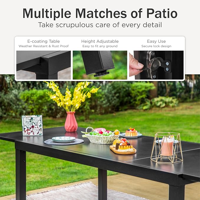 PHI VILLA Extra Large Expandable Patio Dining Table 99.2" × 35.5" Metal Outdoor Table for 6-10 Person, Metal Outdoor Dining Table with E-Coating for Garden Deck Yard- (Black)