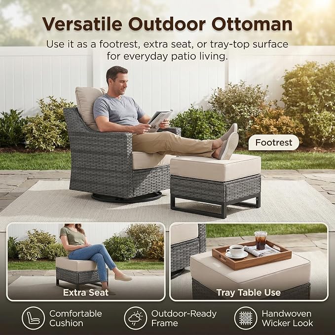 5 Piece Patio Furniture Set, Grey Wicker Outdoor Conversation Set with 2 Swivel Rocker Chairs, Sofa and 2 Ottomans, 6-Inch Thick Cushions, Beige Olefin Covers for Patio and Porch