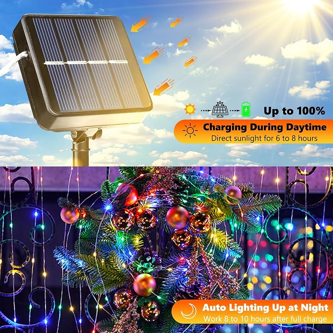 Joomer Solar Fairy Lights, 4Pack Total 104FT 320LED Lights, Multicolor | Silver Wire, Solar String Light Waterproof 8 Lighting Modes for Patio Fence Party Garden Yard Home Outdoor Decoration