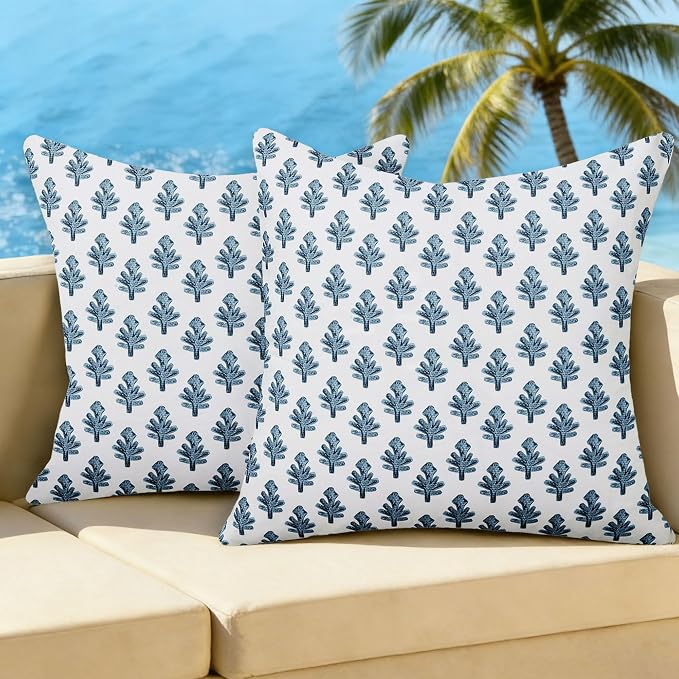 Outdoor Pillow Covers 20x20 Set of 2 Boho Navy Bule Floral Accent Print Decorative Throw Pillow Cases for Outdoor Waterproof Patio Furniture Garden Porch Sofa Bed Cushion Covers Home Decor JB005-E20