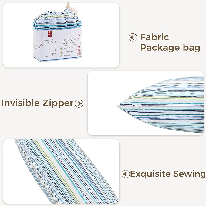 Throw Pillow Covers Set of 2, Outdoor Indoor Waterproof Decorative Patio Throw Pillowcase Shell 18x18 Inch, Square Cushion Case for Couch Sofa Garden Farmhouse Decoration-Blue Stripe