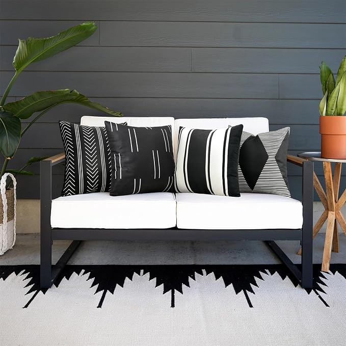 Adabana Set of 4 Outdoor Waterproof Pillow Covers 18x18 Black and White | Modern Geometric Throw Pillows Cover Decorative Boho Pillow Covers for Patio, Garden, Porch