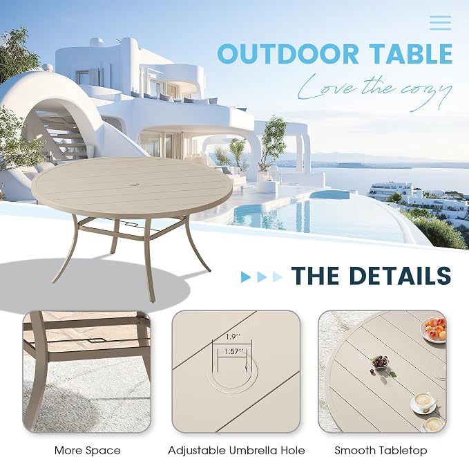 7 Pieces Patio Dining Set, 50" Round Dining Table with Umbrella Hole, 6 Stackable Textilene Fabric Chairs, Metal Structure for Patio, Porch, Garden, Sandshell