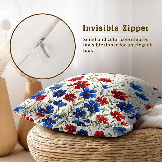 Red Blue Flowers Pillow Covers 18x18 Inch, Set of 2 Patriotic Wildflowers Leaves Summer Farmhouse Square Pillowcases Cotton Cushion Cover for Couch Sofa Bed Holiday Festival Decor