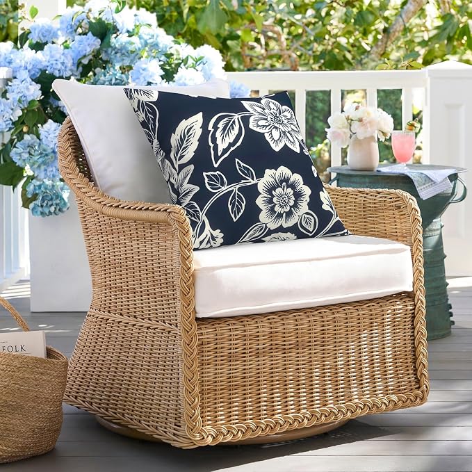 DYTXIII Pack of 2 Waterproof Outdoor Pillow with Inserts, 18x18 Square Patio Decorative Throw Pillow for Home,Sofa,Bench and Patio Furniture,Vines Navy