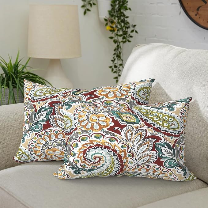 DYTXIII Pack of 2 Waterproof Outdoor Lumbar Pillow with Inserts, 12x20 in Rectangle Decorative Patio Throw Pillow for Home, Sofa,Bench and Patio Furniture, Paisley Chilli