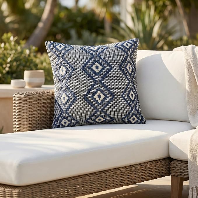 Fab Habitat Outdoor Premium Recycled Plastic Pillow - Waterproof, Fade Resistant - Boho Geometric Diamond - Patio, Porch, Deck, Balcony - Rabat - Blue & Cream - 20" x 20"