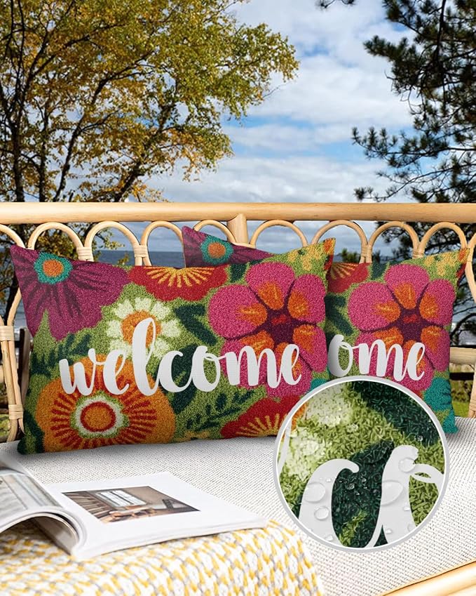 Outdoor Waterproof Throw Pillows 12x20in, Farmhouse Rustic Orange Red Floral Patio Pillows Pack of 2, Decorative Pillow Covers with Insert, Pillow Cushion Case for Garden Abstract Green Leaves