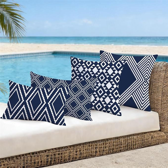 NIGHTWISH Outdoor Waterproof Pillow Covers 12x20 Set of 4 Navy Blue and White Modern Geometry Decorative Outdoor Throw Pillows Boho Cushion Cases for Patio Furniture Bench Couch Sunbrella