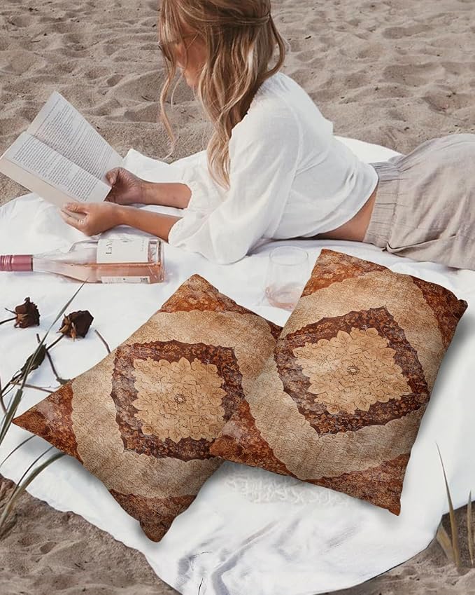 Outdoor Waterproof Pillow Covers Set of 2, Meddle Century Vintage Carpet Mural Pattern Brown Patio Throw Pillow Covers, Decorative Cushion Case for Couch Sofa Furniture Garden, 20x12 Inch
