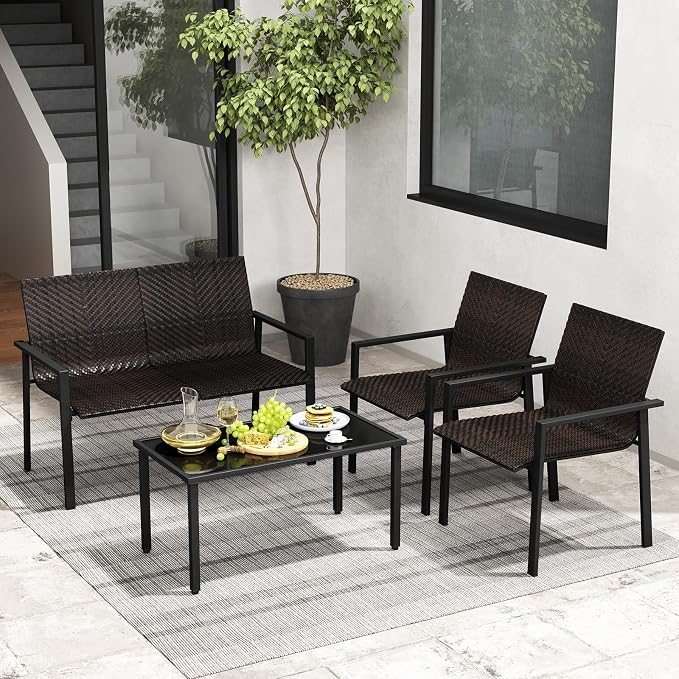 HAPPYGRILL 8 Pieces Wicker Patio Conversation Set with Coffee Table, PE Rattan Chairs with Galvanized Metal Frame, Outdoor Table and Chairs Set for Small Space, Balcony, Poolside, Backyard (Mix Brown)