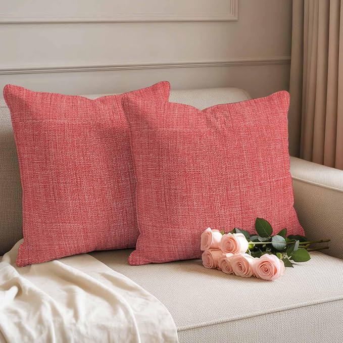 Outdoor Waterproof Throw Pillow Covers Set of 2 Coral Red Linen Pillowcases 20x20 Inches Farmhouse Pure Color Decorative Pillows Cushion Case Patio Pillows for Couch Bed Chair Garden