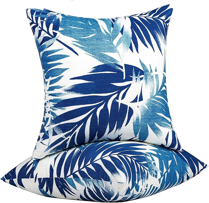 JMGBird Outdoor Pillows Waterproof 18x18 Throw Pillows with Inserts 2pcs | Blue Leaf Pattern UV Fade Resistant Patio Pillows