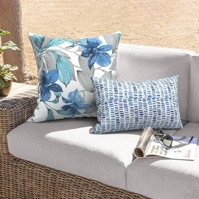 Outdoor Throw Pillows with Inners 20x20 Inch, Square Pillows Decorative for Home Garden Furniture Set of 2, Clemens Blue