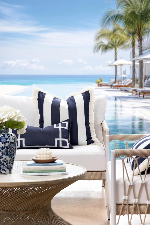 Hofdeco Premium Coastal Hampton Outdoor Performance Lumbar Pillow Cover Only, 12"x20" Water Repellent, UV and Fade Resistant for Backyard, Couch, Poolside, Indigo Blue Embroidered Frame Greek Key