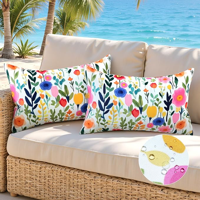 Outdoor Pillows Covers 12X20 Inch Pack of 2, Spring Floral Waterproof Throw Pillow Covers, White Printed Flower Decorative Square Pillowcases for Summer Patio Furniture Garden Balcony Porch